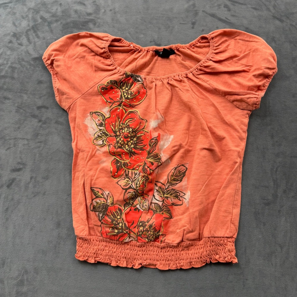 Style & Co Petite Coral Orange Floral Studded Smocked Hem Top Size P/S
